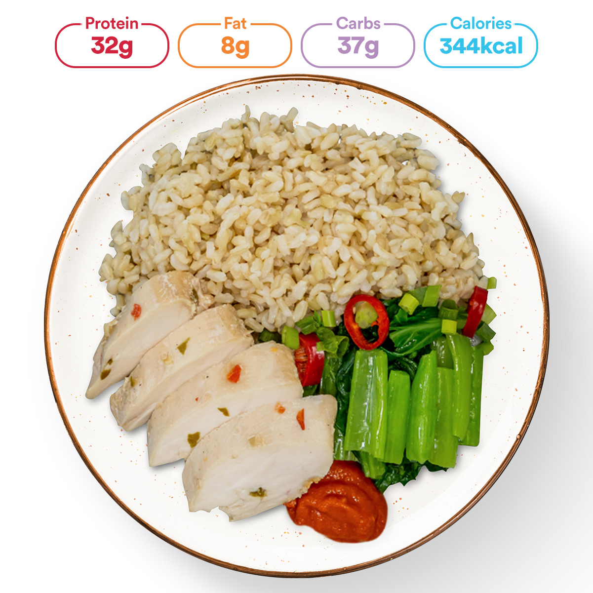 Health Kicked Chicken Rice w/ Lemongrass Chicken, Brown Rice, Choy Sum and Chili Sauce